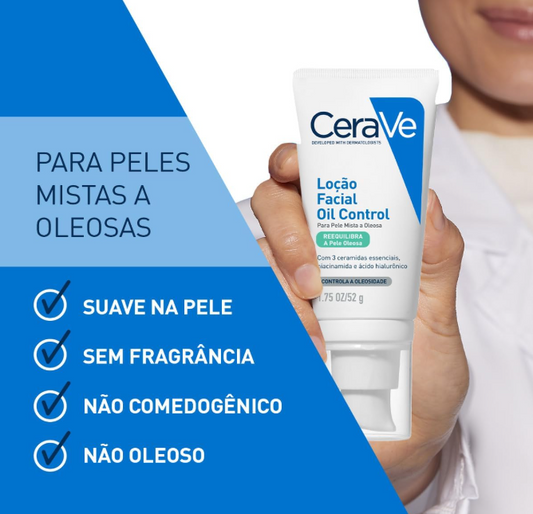 CeraVe Loção Facial Hidratante Oil Control para Pele Mista a Oleosa, Com 3 Ceramidas Essenciais, Ácido Hialurônico e Niacinamida, Hidratação Prolongada e Acabamento Matte, 52g